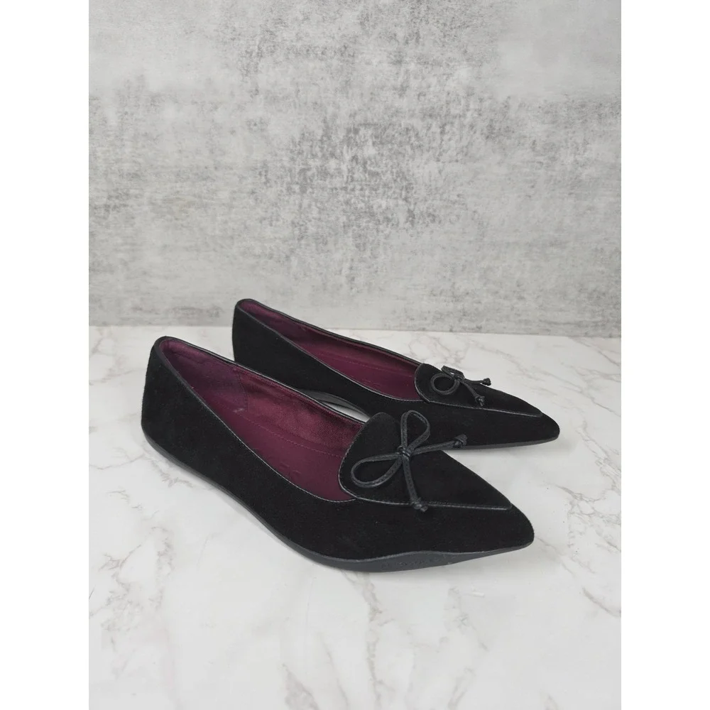 Aerosoles Doran Pointed Toe Bow Ballet Flats Shoes Pomegranate Black Suede 8M